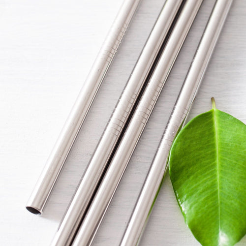 Four reusable stainless steel straws with a green leaf on a white background